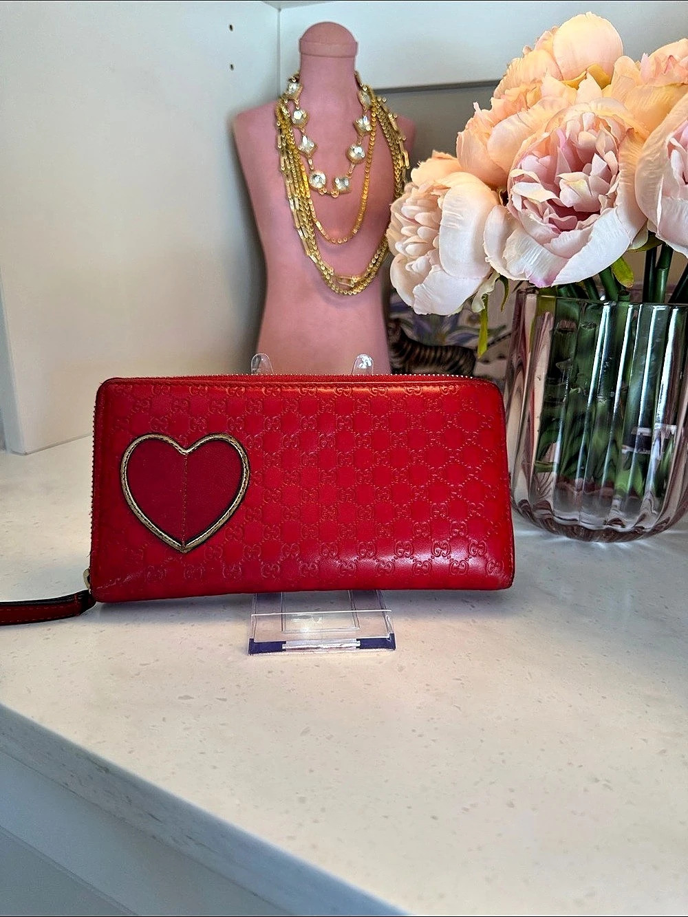 Gucci Guccissima Heart Zip Around Wallet in Red EUC